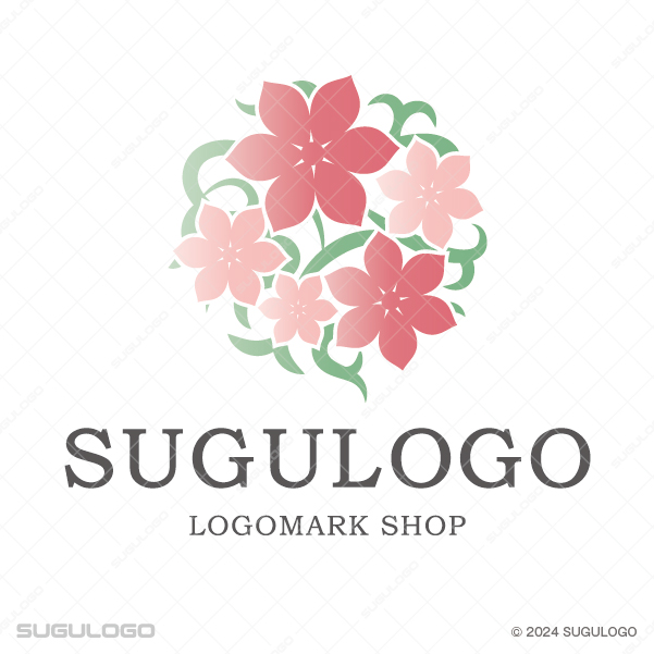 大小さまざまな形の花々が円形に寄り添い、可憐に咲き誇る様子を描いたロゴデザイン