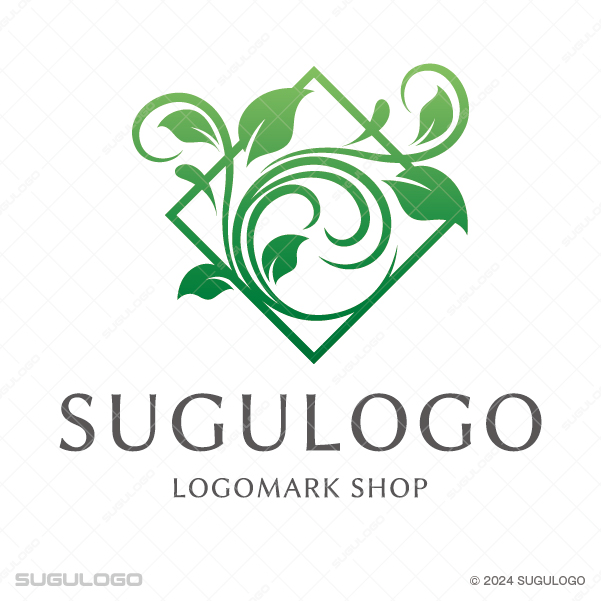 菱形のフレームに瑞々しい植物の蔦が優雅に絡みつく様子を描いたロゴデザイン