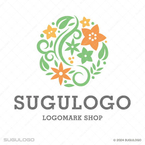 円形のシルエットの中に、美しく咲く花々と流れるような植物の曲線を精密に構成したシンボルマーク