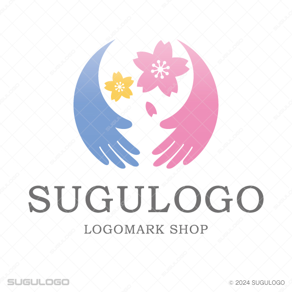 満開の桜を左右から優しく包み込むような手のシルエットを組み合わせることで、慈しみと調和を表現したロゴデザイン
