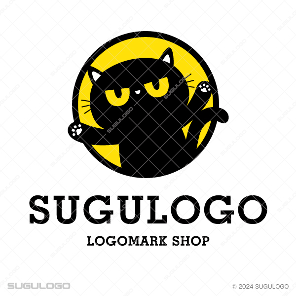 ジト目が可愛い黒猫のキャラクターが円の中から手を出しているキャッチーな動物のロゴデザイン