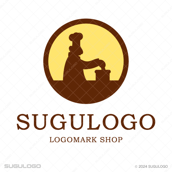 コック帽を被ったシェフが鍋で料理を作る姿を円の中に描いた、飲食業向けの誠実な印象のシンボルマーク。