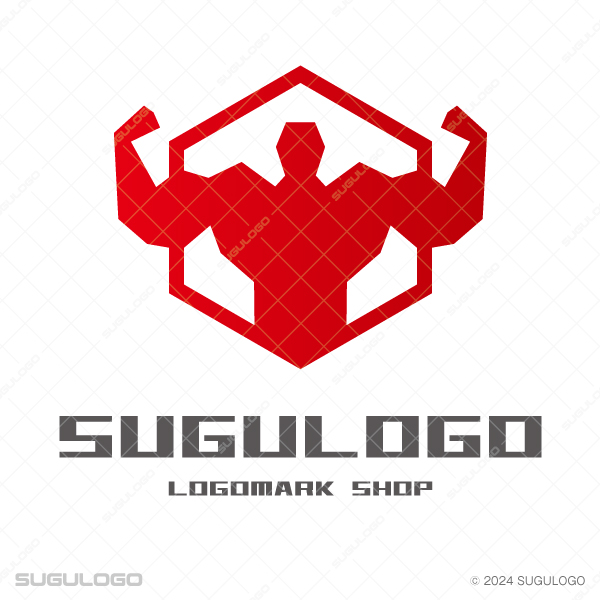 六角形の中で筋肉を誇示する人物のシルエットを描いた、力強く誠実な印象を与えるビジネス用シンボルマーク。