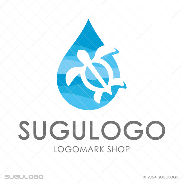 水滴の中に亀が泳ぐ姿を描いた抽象的なロゴ。誠実さと透明感を感じさせるビジネス向けのシンボルマーク。