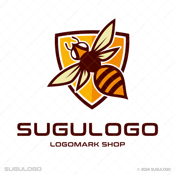 盾のエンブレムを背に鋭い羽を広げる蜂を描いた、力強く誠実な印象を与えるビジネス用シンボルマーク。