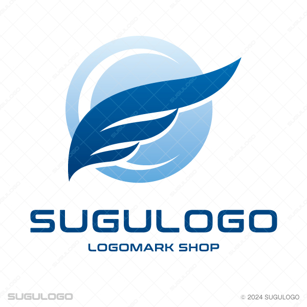 円形の背景に羽ばたく羽のシルエットを重ねた抽象的なロゴ。飛躍と信頼を感じさせる誠実なシンボルマーク。