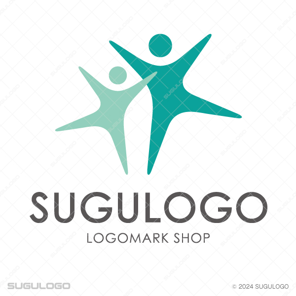 大小二人の人物が、明るい未来へ向かって元気に手足を広げてジャンプしているような躍動感のあるシンボル。