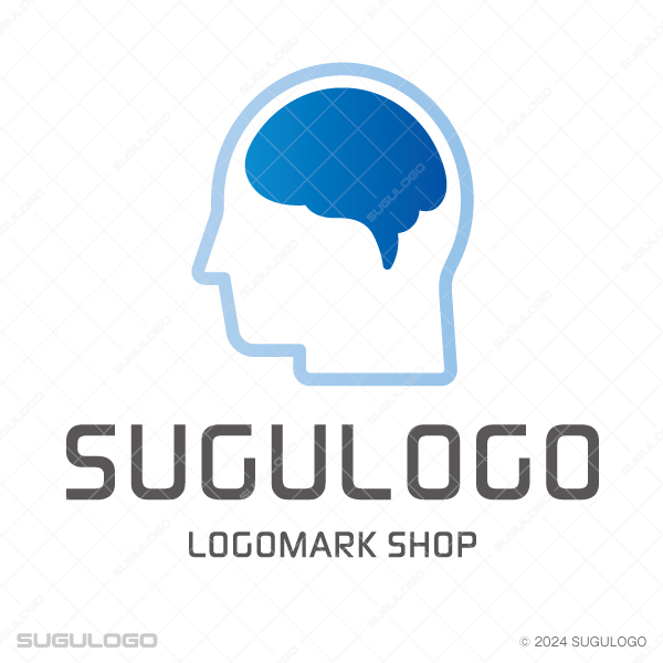 左向きの人間の横顔のシルエットラインの中に、脳の形がはっきりと描かれた、知的で専門的な印象のロゴ。