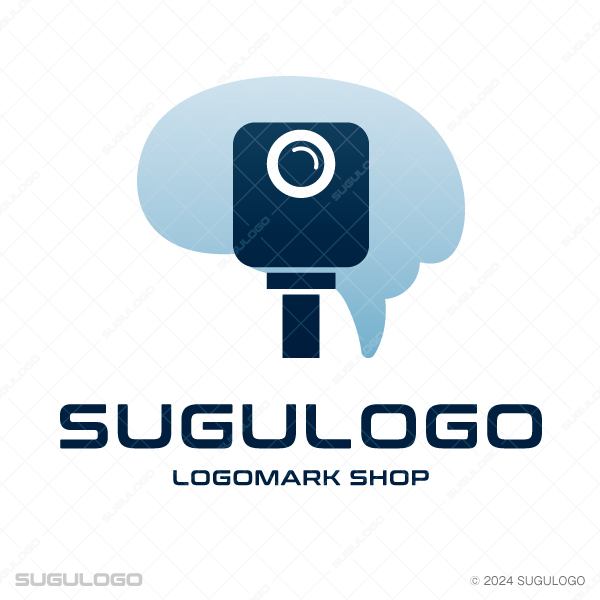 脳の形をしたシルエットの中央に、レンズが特徴的なカメラのシルエットが重なる、知的なロゴデザイン。