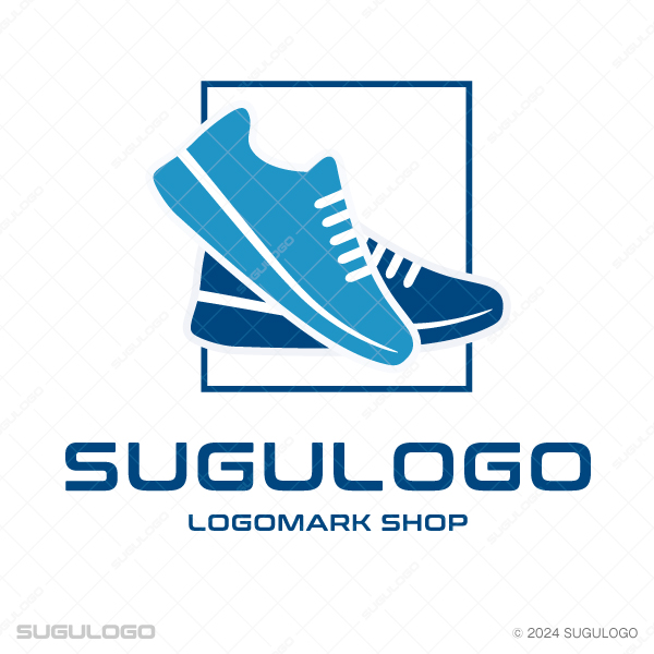 青い正方形の枠の中に、二足のスニーカーが斜めに重なり合うように描かれた、スポーティーなロゴマーク。