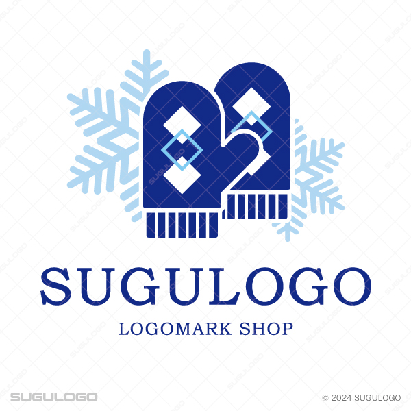 大きな雪の結晶を背景に、左右で重なるように置かれた二つのミトン型の手袋を描いた、温かみのあるロゴ。