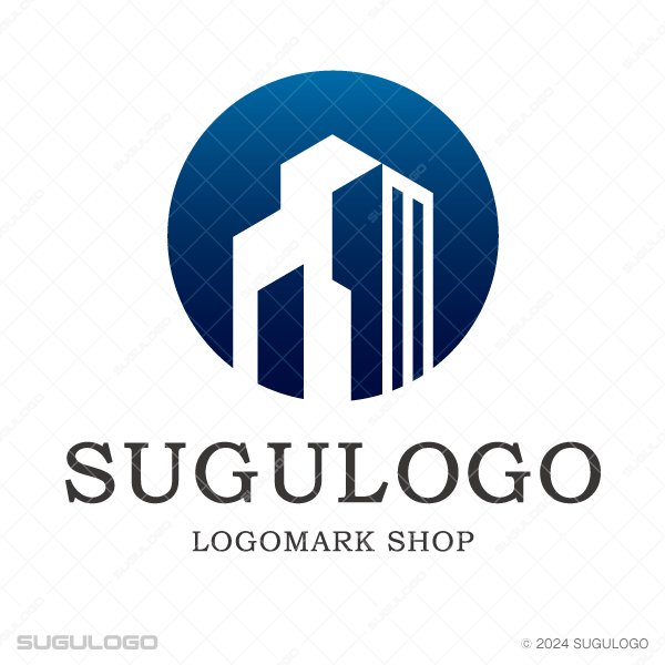 濃い円形の背景の中に、数棟の高層ビルが聳え立つ様子を白抜きのラインで描いた、都会的で堅実なロゴマーク。