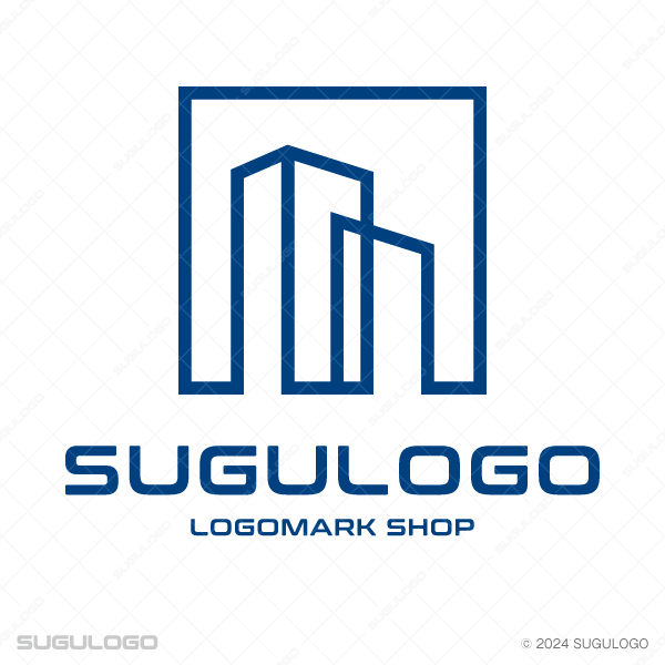 正方形の枠線と一体化するように、数棟のビルの輪郭を直線のみで描いた、構造的で安定感のあるロゴマーク。