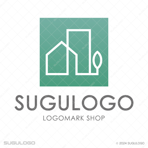 緑がかった正方形を背景に、家、ビル、木の葉の形を白抜きの一本線で繋いで描いた、環境に優しいロゴマーク。