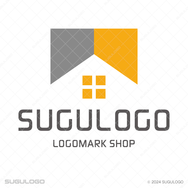 家の屋根のような形に切り抜かれた二つの大きな四角形の下に、窓を模した四つの小さな正方形が並ぶロゴ。