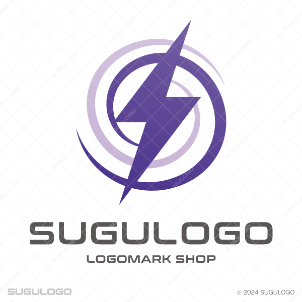 渦を巻く風のラインの中央に、鋭い稲妻のモチーフを配置したデザイン。嵐のロゴとして躍動感を表現。