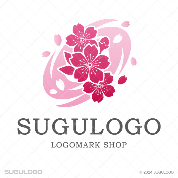 渦巻くピンクの風の中でサクラの花と花びらが舞うデザイン。春の嵐のロゴとして華やかな躍動感を表現。