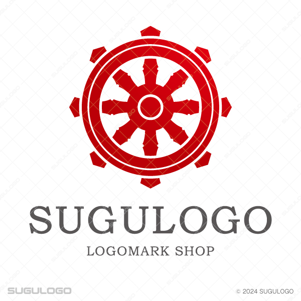 深い赤色で描かれた、八本のスポークを持つ法輪のデザイン。格式高さと真理、調和を表現したモダンなロゴ。
