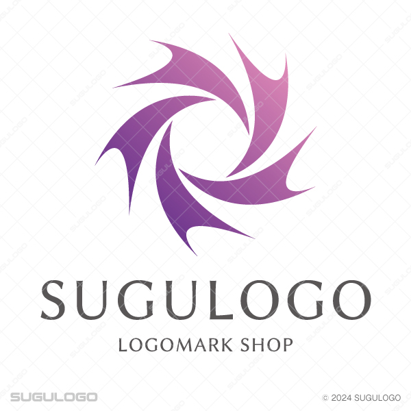 紫色のグラデーションで描かれた、5つの鋭いパーツが渦を巻くデザイン。嵐のような躍動感を表現したロゴ。