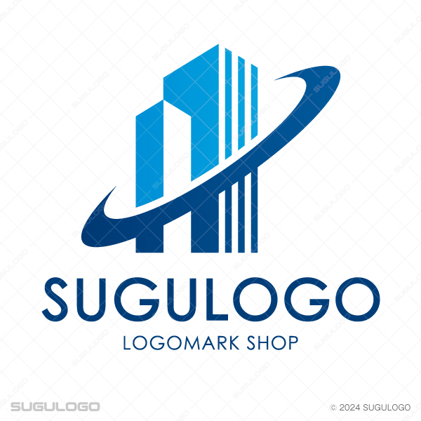 近代的なビル群のシルエットの周りを、鋭い軌道が斜めに環のように囲むデザイン。先進性と成長を表現したロゴ。