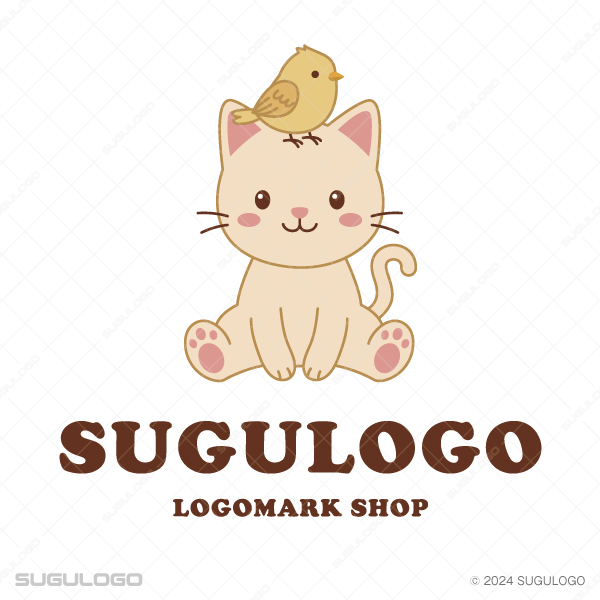 座っているベージュの猫の頭の上に、小さな黄色い鳥がとまっている、可愛らしいイラストのロゴマーク。