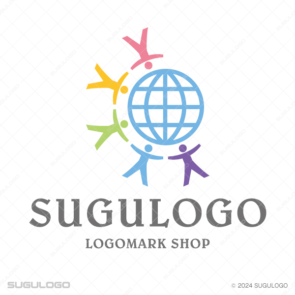 水色の地球の周りで、5人のカラフルな人々が輪になって繋がっているデザイン。調和と世界進出を表現したロゴ。