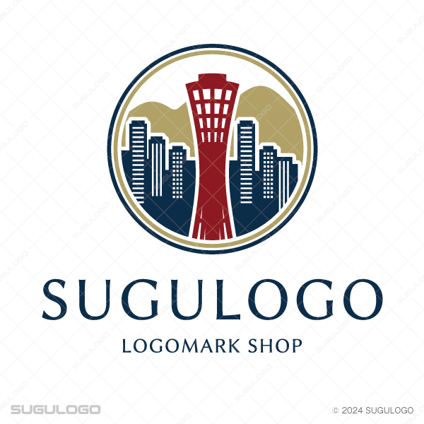 円形の中に、神戸ポートタワーと六甲山のシルエットを幾何学的に描いた意匠。都市の発展と信頼を表現したロゴ。