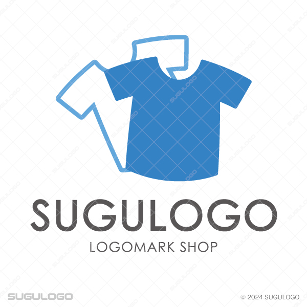 スクエアを背景に、重なり合うTシャツのシルエットを幾何学的に描いた意匠。ファッションと信頼を表現したロゴ。