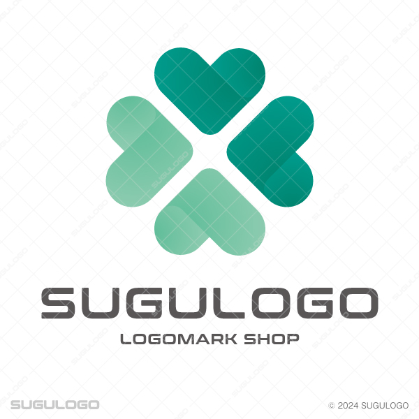 4つのハートが中心で繋がり、四つ葉のクローバーの形を成す幾何学的な意匠。幸福と調和を表現したロゴ。