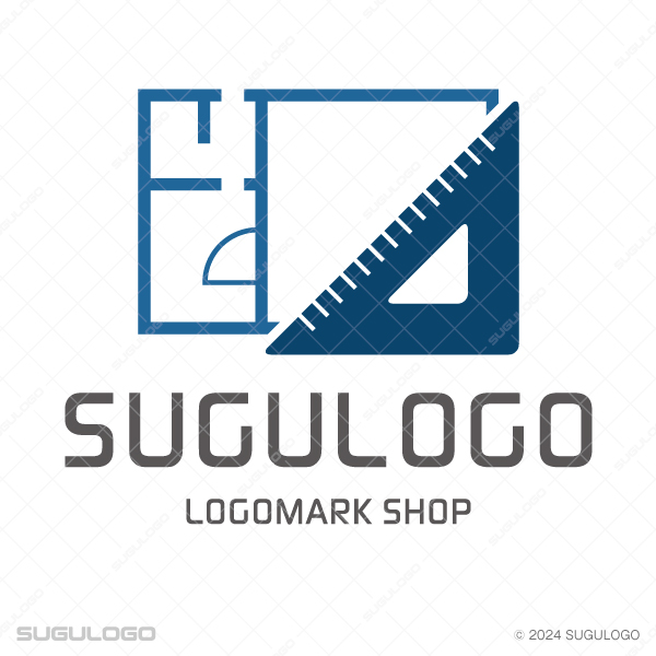 住宅の間取りのラインと、その手前に配置された三角定規の意匠。正確な設計と信頼を表現したモダンなロゴ。