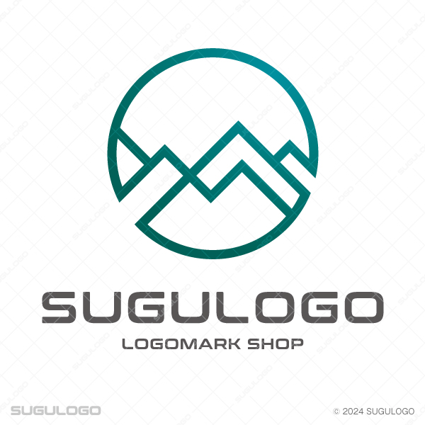 円形の枠内に、幾何学的なラインで連なる山のシルエットを描いた意匠。自然と挑戦を表現したモダンなロゴ。