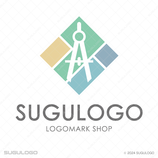 菱形の間取りの上に、製図用のコンパスを幾何学的に配置した意匠。正確な設計と信頼を表現したロゴ。