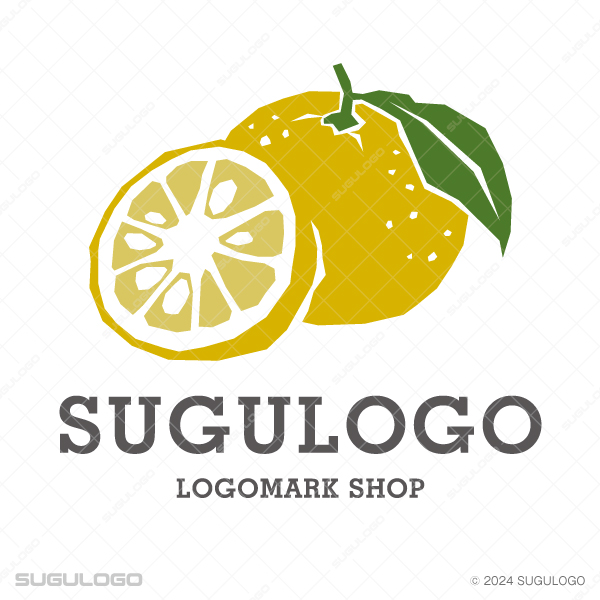 円形の枠内に、葉の付いた二つの果実を幾何学的に描いた意匠。実りと調和を表現したゆずのロゴ。