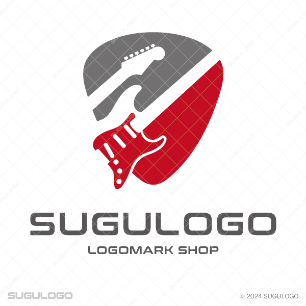 ギターピックの形状の中に、エレキギターのシルエットを幾何学的に配した意匠。音楽と情熱を表現したロゴ。