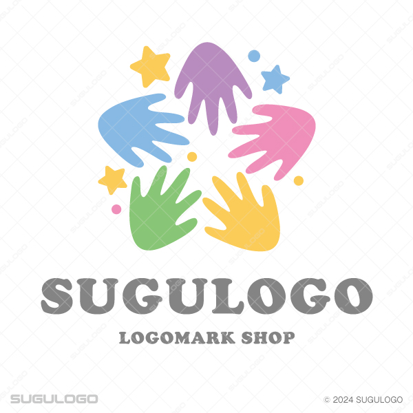 円形に並んだ5つの手のシルエットと、その周りに配置された星の意匠。協力と希望を表現したモダンなロゴ。